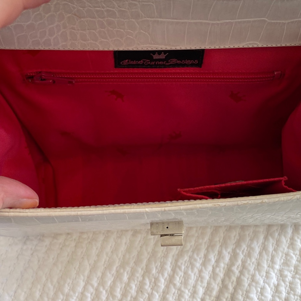 Elaine Turner Croc-Embossed Leather Handbag with Bamboo Top Handle, White - Picture 7 of 10